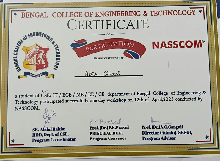 Preview of NASSCOM Technical Workshop certificate