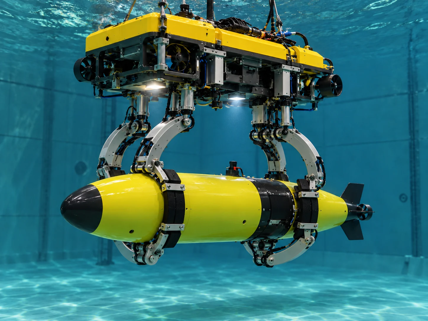 Concept visualization of a proposed underwater docking station with a robotic capture mechanism positioned around an autonomous underwater vehicle