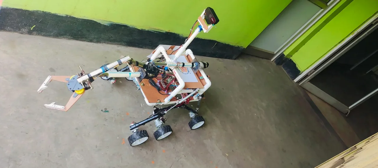 Lunar Rover V-1 engineering prototype with a robotic arm, electronics and six wheels
